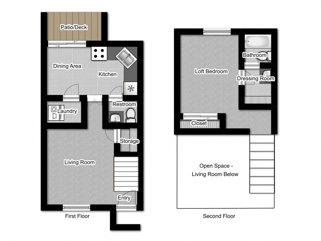 Floor plan for 1 bed, 1.5 baths, 717 sqft